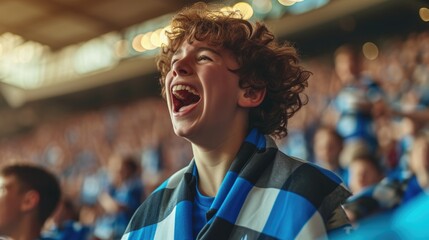 A young fan at a soccer championship raises his arms in excitement, adding to the energetic gestures of the crowd, creating a fun and happy atmosphere at the event. AIG41