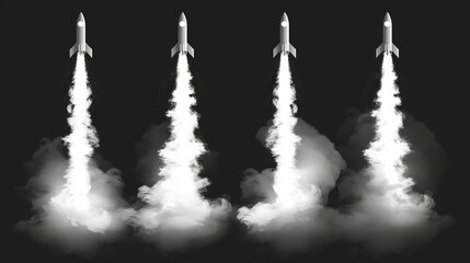 Isolated on a black background, white smoke trail of a jet, plane, or rocket flight. Flight contrails in the air. Spray of steam or fog from a spaceship taking off, modern realistic illustration.