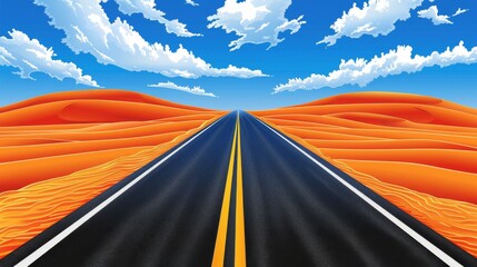 Create a road that stretches across a vast desert, its path marked only by the shifting sands and distant mirages.