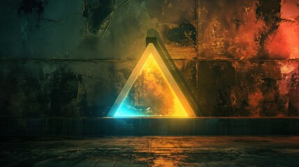 Luminous neon glossy triangle on grunge concrete wall. Generative AI