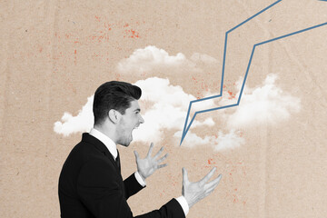 Creative picture collage young businessman failure scream aggressive nervous irritated annoyed...