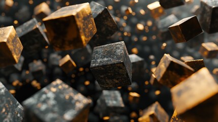 Hi-tech futuristic background with grey and golden stone cubes . Generative AI