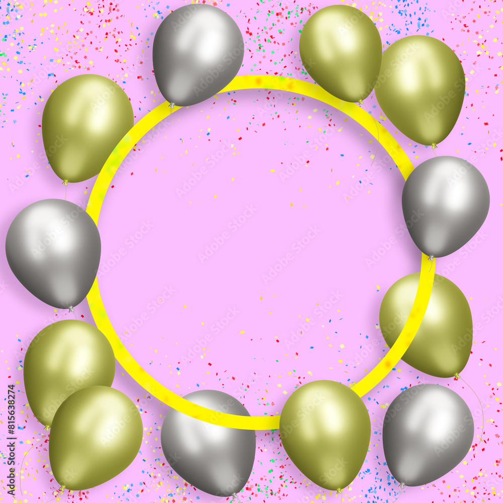 Poster Golden frame with gold and silver balloons on pink background with confetti. Empty space for text. 3d rendering