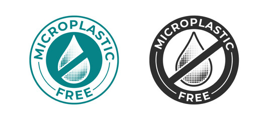 Obraz premium Microplastic free icons for eco friendly biodegradable package tag, vector signs. Micro plastic or microplastic free bottle label and stamp symbols with water drop