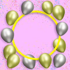 Golden frame with gold and silver balloons on pink background with confetti. Empty space for text. 3d rendering