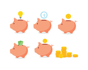 Piggy bank collection. Piggybank with falling golden coin, time, idea and stack of coins. Saving, investment concept. Return of investment.