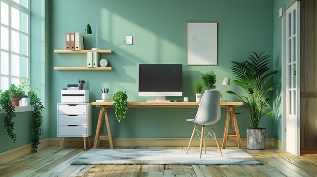 Home office set up with recycled furniture and energysaving devices, minimalist and green, digital illustration