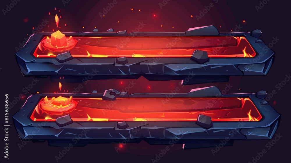 Poster an illustration showing game loading progress bars with glowing red lava. a cartoon illustration of 