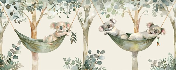 Koalas having a siesta in hammocks strung between eucalyptus trees, soft pastel watercolor