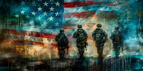 Soldiers in front of American flag military art capturing Memorial Day. Concept Memorial Day Tribute, American Soldiers, Military Art, Patriotism, American Flag