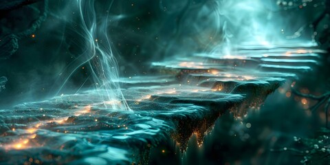 Closeup of surreal dreamscape with floating islands bridges of shimmering energy. Concept Fantasy Photography, Surreal Landscape, Floating Islands, Shimmering Energy, Close-up Portrait