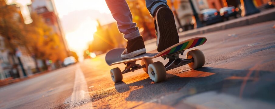 Longboarder cruising down a city hill, board taped with rainbow stripes, sunset in the background, smooth and swift