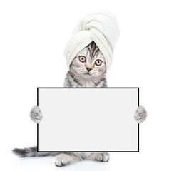 Cute kitten wearing towel on it head shows white blank board in it paws. isolated on white...