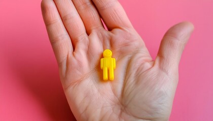 A close-up of a hand holding a small yellow plastic figure against a pink background, highlighting care and simplicity with vibrant colors.