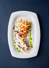 Grilled squid with vegetables at an Italian restaurant. Top view. Dark blue background with copy...