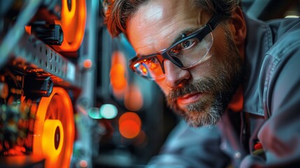 Capture the precision of a technician replacing a faulty power supply unit PSU in a desktop computer, restoring reliable power