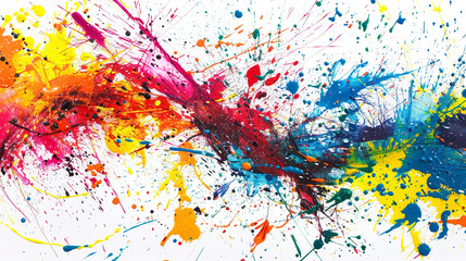 Bold, splattered paint in a variety of colors, creating an energetic and chaotic abstract design on a white background.