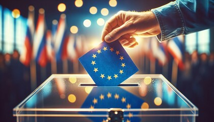 Europawahl - eine Hand hält einen Blauen Wahlzettel mit EU Symbol über den Schlitz einer Wahlurne - Powered by Adobe