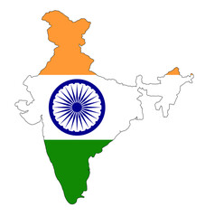 India in national flag colors. Map illustration of a big Asian country.