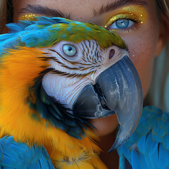 Una hermosa mujer con ojos de color azules  posa con un guacamayo azul y dorado