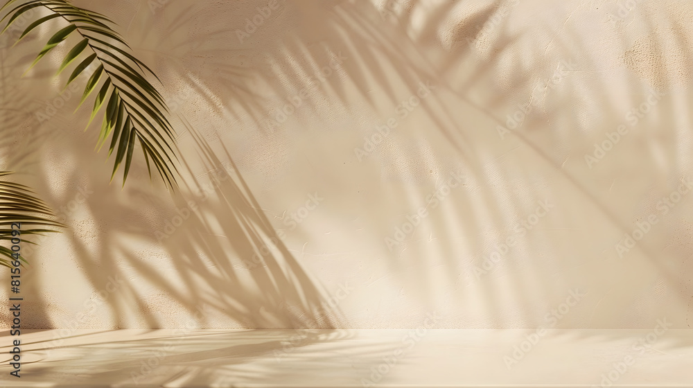 Poster minimal product placement background with palm shadow on beige plaster wall luxury summer architectu