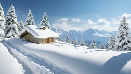 Naklejka premium house in the snow. A cozy chalet nestled under a thick blanket of snow in the Alps, with snow-laden pines 
