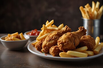 A plate of broasted fried chicken and fries, Generative AI
