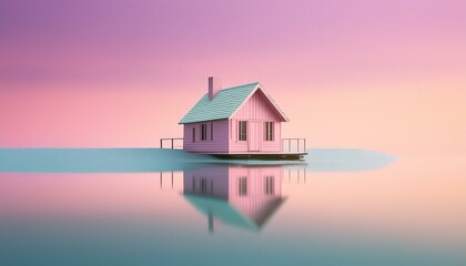 A quaint wooden cottage beside a still lake, reflecting the pastel colors of dawn. 