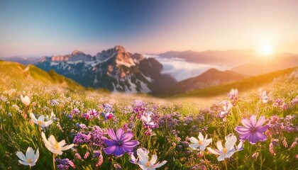 Fototapeta premium A vibrant spring meadow full of wildflowers, with distant mountains under a clear sky. 