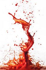 Ketchup spinning in the air with ketchup splashing isolated on white background