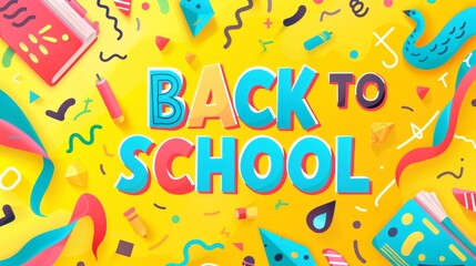 Bright "Back to School" Illustration with Cheerful Educational Elements and Text