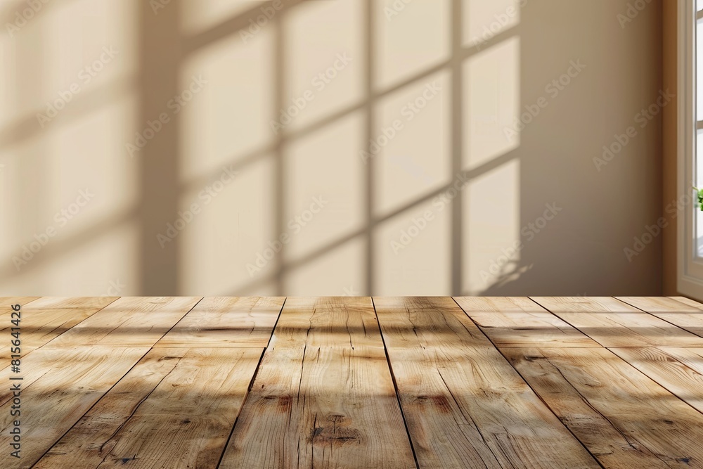 Poster Wooden table top with blurred window shadow on beige wall background for product display presentation