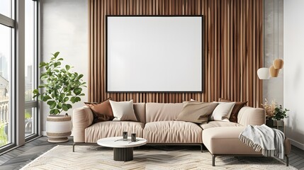 mock up poster frame in modern interior background, living room, Scandinavian style, 3D render, 3D illustration