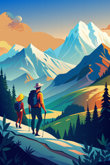 Adventurous Couple Hiking in Scenic Mountain Landscape at Sunset