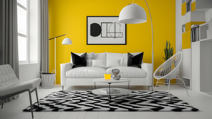 Spacious grey living room with sofa chairs standing lamp small coffeetable decorations in yellow black and white : Generative AI