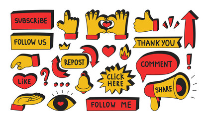 Social media stickers vector set. Call to action icons buttons for video post blog. Subscribe comment like repost signs