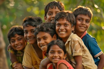 Portrait of happy Indian boys and girls smiling.