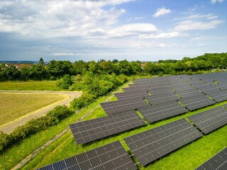 solar panels in the grass of a farm with blue sky