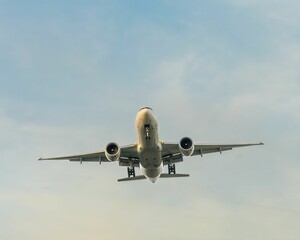 a big airplane in the sky above some clouds to land