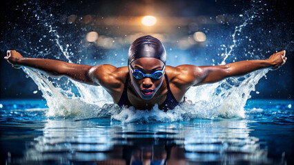 Professional woman swimmer swim using breaststroke technique in swimming pool. Concept of professional sport and competition