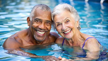 Fototapeta premium Happy multiracial senior couple swimming in the swimming pool outdoor. Happy older man and woman have active sport at old age. Funny grandfather and grandmother portrait