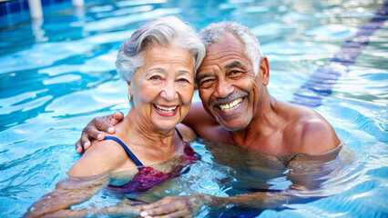 Fototapeta premium Happy multiracial senior couple swimming in the swimming pool outdoor. Happy older man and woman have active sport at old age. Funny grandfather and grandmother portrait