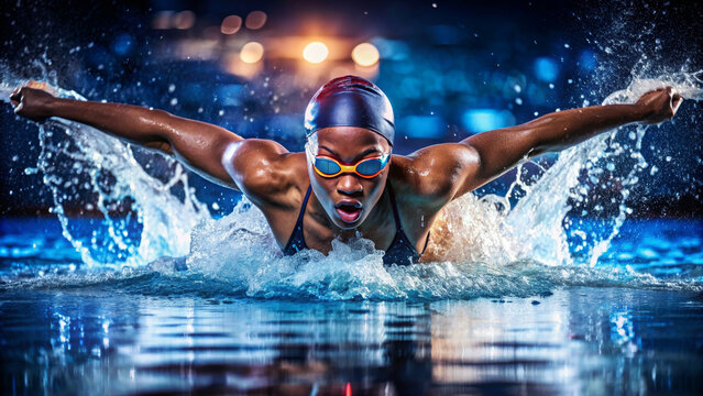 Professional woman swimmer swim using breaststroke technique in swimming pool. Concept of professional sport and competition