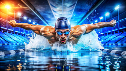 Professional man swimmer swim using breaststroke technique in swimming pool. Concept of professional sport and competition