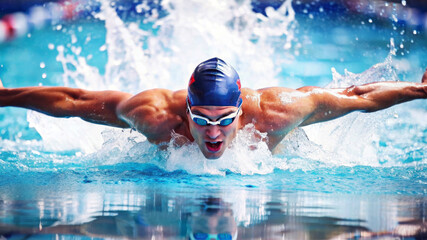 Professional man swimmer swim using breaststroke technique in swimming pool. Concept of professional sport and competition
