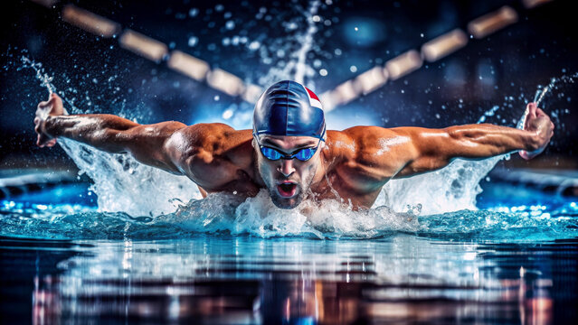 Professional man swimmer swim using breaststroke technique in swimming pool. Concept of professional sport and competition