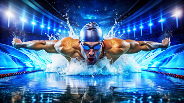 Professional man swimmer swim using breaststroke technique in swimming pool. Concept of professional sport and competition