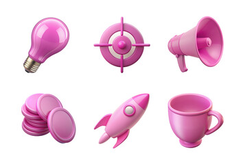 3d realistic icon set. bulb, target, megaphone, coins, rocket, cup