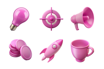 3d realistic icon set. bulb, target, megaphone, coins, rocket, cup
