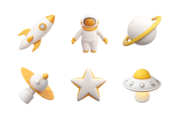 3d realistic icon set. astronaut, planet, satelite, star, ufo, rocket